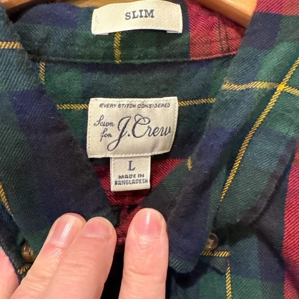J. Crew Plaid Button Down Elbow Patches Cotton/Wool Flannel Holiday Large Slim